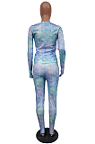 Purple Cotton Blend Print Round Collar Long Sleeve Capris Pants Casual Two-Piece JH269-1 