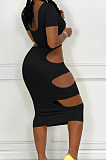 Light Blue Nigh Club Hollow Out Backless O Neck Solid Color Bodycon Dress LM88803-2