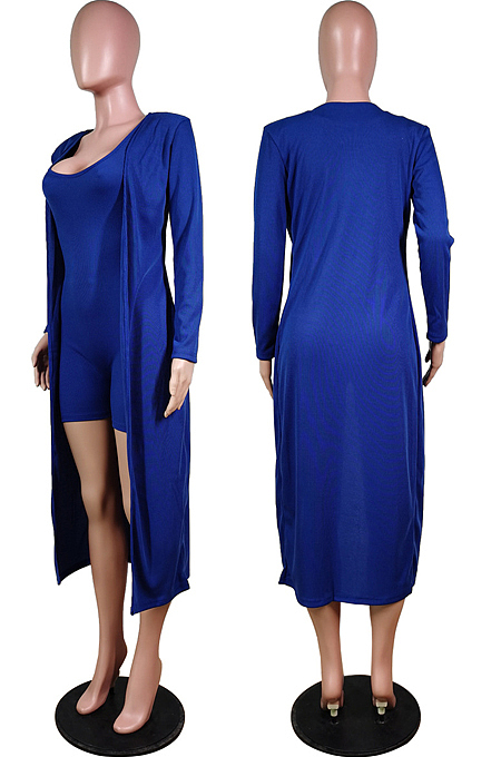 Purple New Solid Color Sleeveless Round Neck Romer Shorts+Long Sleeve Cardigan Coat Two-Piece WY6682-1