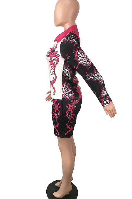 Blue New Digital Print Lapel Neck Single-Breasted Long Sleeve Shirt Shorts Two-Piece QY5059-2