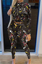 Black Casual Print Round Neck Long Sleeve Bodycon Pants Two-Piece SN390184-1