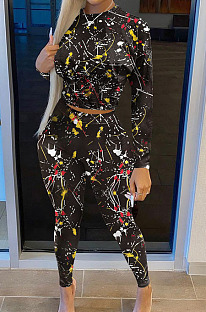 Black Casual Print Round Neck Long Sleeve Bodycon Pants Two-Piece SN390184-1