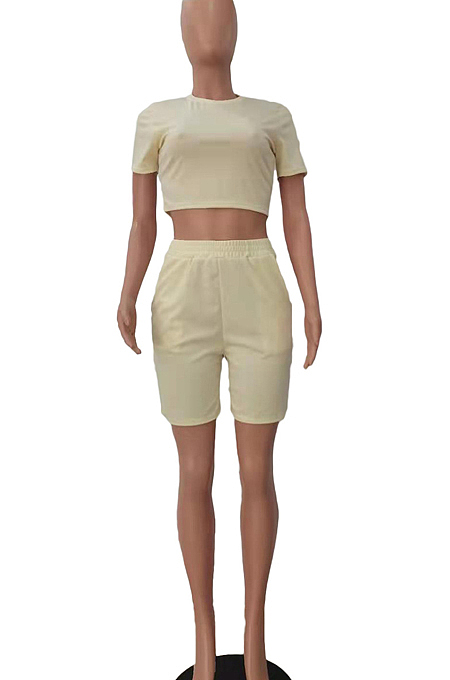 Grey Short Sleeve O Collar Crop T-Shirt Shorts Solid Color Casual Sets NYF8047-4