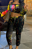 Colorful White Splask-Ink Print A Word Shoulder Long Sleeve Dew Waist Carrot Pants Two-Piece SN390186 -1