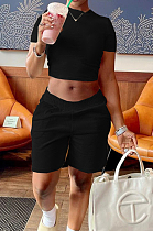 Black Short Sleeve O Collar Crop T-Shirt Shorts Solid Color Casual Sets NYF8047-3
