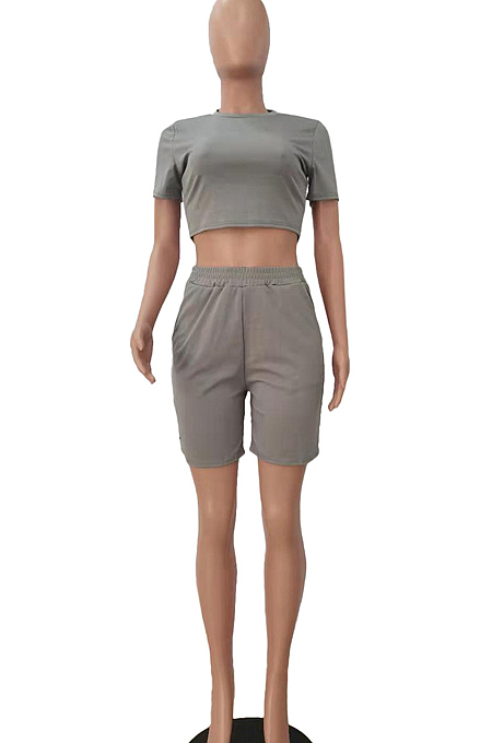 Rose Red Short Sleeve O Collar Crop T-Shirt Shorts Solid Color Casual Sets NYF8047-1
