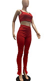Red Women Fashion Solid Color Hip Raise Bodycon Ruffle Split Flared Pants Sets AYM5031-1
