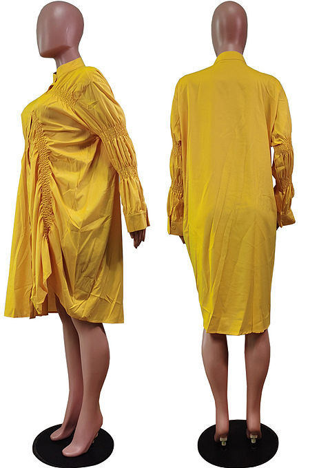 Yellow Long Sleeve Single-Breasted Irregularity Ruffel Loose Solid Color Swing Dress WY6828-3