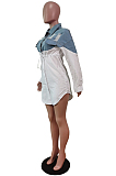 White Fashion Jean Spliced Lapel Collar Long Sleeve Single-Breasted Shirt Dress WY6836-1