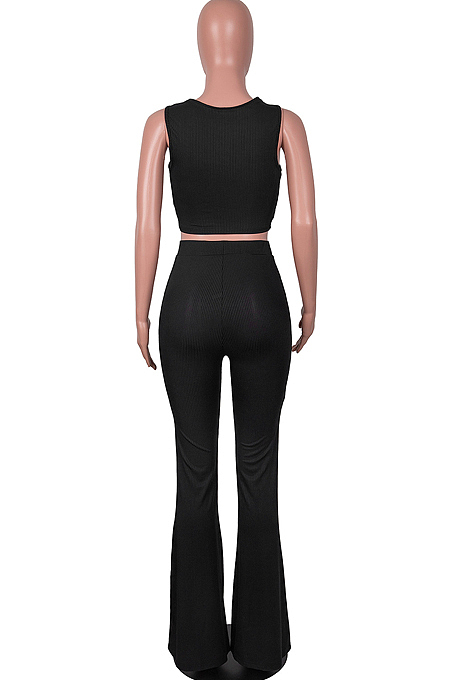 Pink Sexy Ridder Sleeveless Low-Cut Crop Tank High Waist Flare Pants Two-Piece MD436-3
