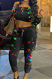 Black Green Splask-Ink Print A Word Shoulder Long Sleeve Dew Waist Carrot Pants Two-Piece SN390186 -3
