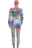 Black Green Splask-Ink Print A Word Shoulder Long Sleeve Dew Waist Carrot Pants Two-Piece SN390186 -3