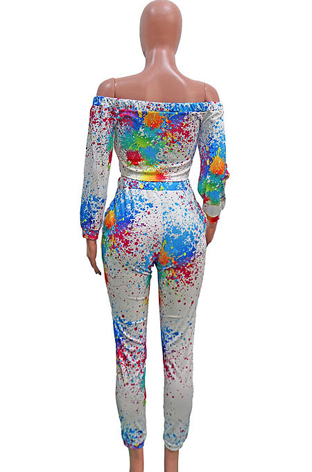 Black Green Splask-Ink Print A Word Shoulder Long Sleeve Dew Waist Carrot Pants Two-Piece SN390186 -3