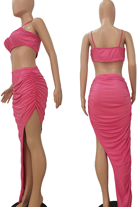 White Night Club Ruffle Condole Belt Strapless High Waist Irregularity Split Long Skirts Sets NYF8042-1