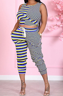 Dark Blue Yellow Cotton Blend Stripe Round Neck Crop Tank High Waist Carrot Pants Casual Sets LSZ91175-3
