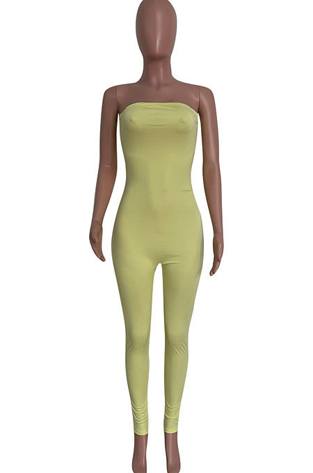 Apricot Solid Color Sexy Mid Waist Strapless Bodycon Jumpsuits HM5493-1