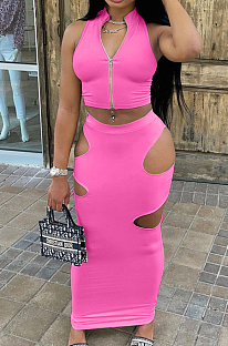 Rose Red Fashion Prue Color Stand Collar Sleeveless Zipper Dew Waist Hollow Out Tight Skirt Sets NYF8076-2