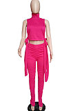 Rose Red Women Pure Color Shirred Detail Split Sleeveless Tiny Flared Casual Long Pants Sets ASY8831-1