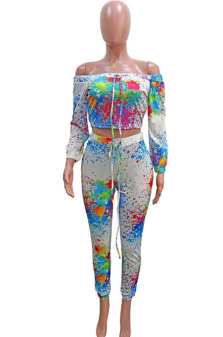 Black Green Splask-Ink Print A Word Shoulder Long Sleeve Dew Waist Carrot Pants Two-Piece SN390186 -3