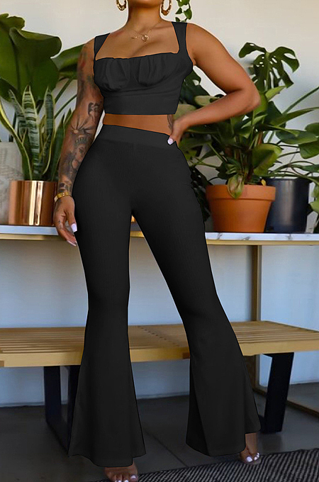 White Sexy Ridder Sleeveless Low-Cut Crop Tank High Waist Flare Pants Two-Piece MD436-1