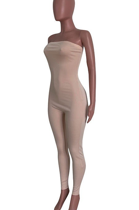 Yellow Solid Color Sexy Mid Waist Strapless Bodycon Jumpsuits HM5493-2