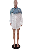White Fashion Jean Spliced Lapel Collar Long Sleeve Single-Breasted Shirt Dress WY6836-1