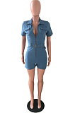 Light Elastic Lapel Neck Zipper Short Sleeve Slim Fitting Jean Romper Shorts JLX6062