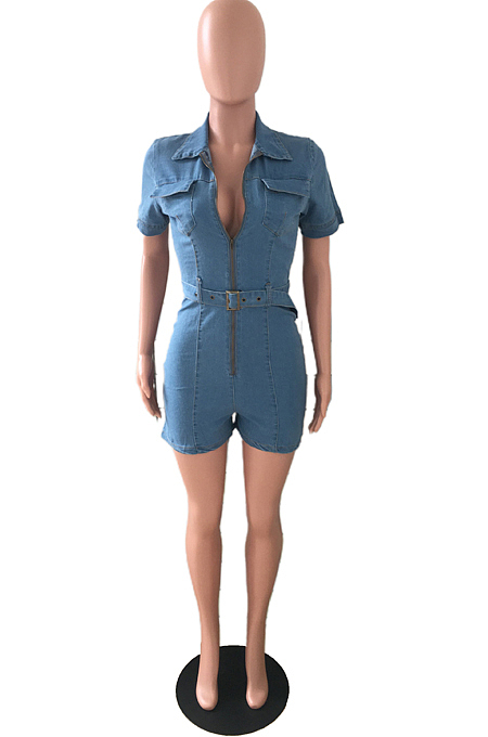 Light Elastic Lapel Neck Zipper Short Sleeve Slim Fitting Jean Romper Shorts JLX6062