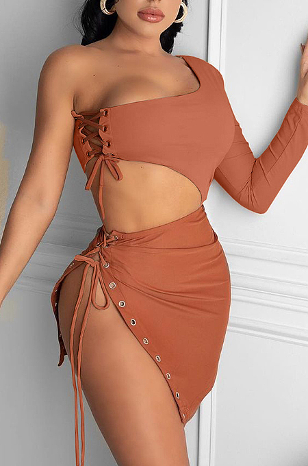 Coffee Sexy One Sleeve Crop Top Eyelet Bandage Skirts Sets NYF8040-2