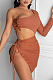 Coffee Sexy One Sleeve Crop Top Eyelet Bandage Skirts Sets NYF8040-2