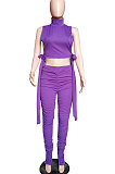 Purple Women Pure Color Shirred Detail Split Sleeveless Tiny Flared Casual Long Pants Sets ASY8831-2