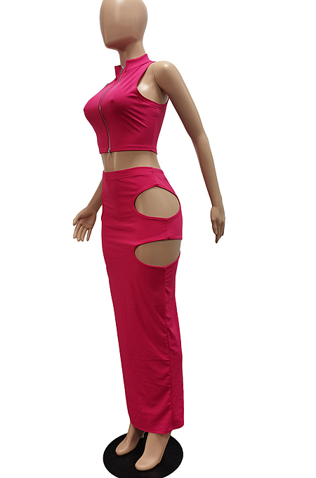 Black Fashion Prue Color Stand Collar Sleeveless Zipper Dew Waist Hollow Out Tight Skirt Sets NYF8076-1