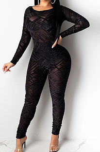 Black Mesh Perspective Backless Long Sleeve Round Neck Sexy Bodycon Jumpsuits SN390190