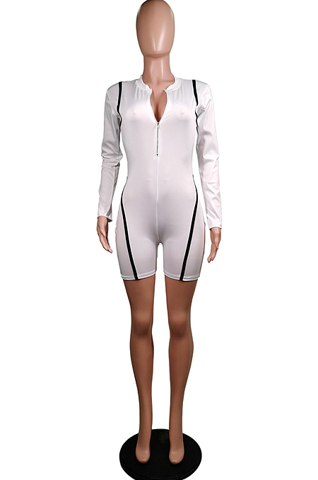 Red Casual Round Neck Long Sleeve Zipper Tight Romper Shorts WY6656-2