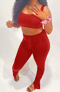 Red Women Fashion Solid Color Hip Raise Bodycon Ruffle Split Flared Pants Sets AYM5031-1