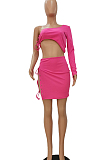 Pink Sexy One Sleeve Crop Top Eyelet Bandage Skirts Sets NYF8040-3