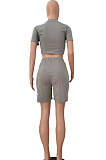 Khaki Short Sleeve O Collar Crop T-Shirt Shorts Solid Color Casual Sets NYF8047-2