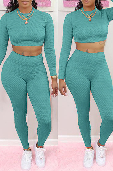 Light Blue Scale Lines Long Sleeve Round Neck Crop Top High Waist Bodycon Pants Casual Sets NYF8011-1
