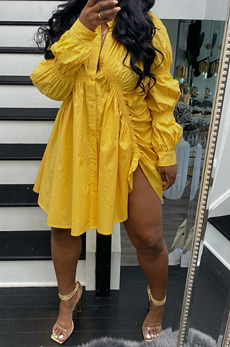 Yellow Long Sleeve Single-Breasted Irregularity Ruffel Loose Solid Color Swing Dress WY6828-3