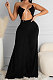 Black Women Halter Neck Solid Color Backless Swing Long  Dress ASY6608-1