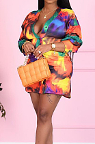 Rainbow Casual Print Long Sleeve Single-Breasted Mini Shirt Dress LSZ91179-1