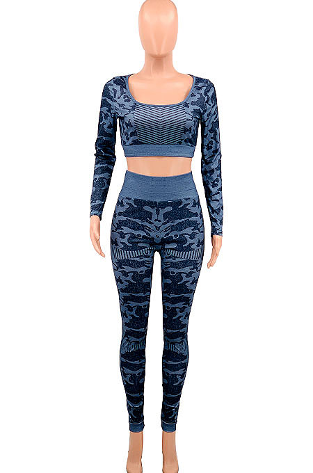 Camo Gray Women Long Sleeve U Neck Casual Sport Backless Tight Yoga Suits Pants Sets PY0833