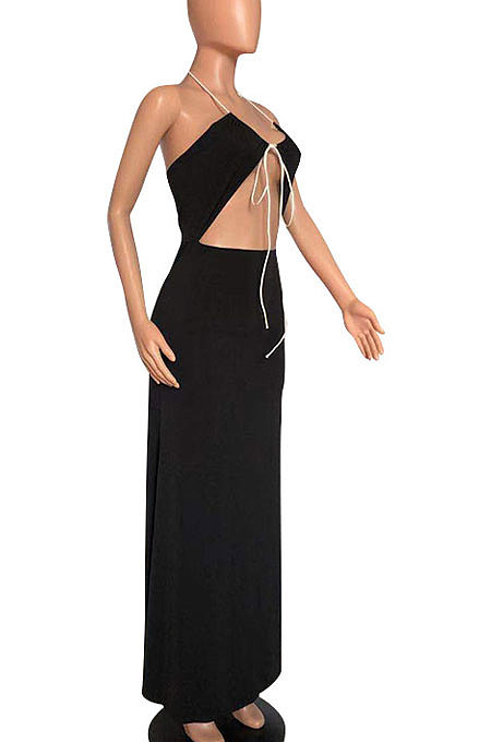 Red Women Halter Neck Solid Color Backless Swing Long  Dress ASY6608-2
