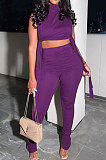 Blue Women Pure Color Shirred Detail Split Sleeveless Tiny Flared Casual Long Pants Sets ASY8831-3