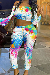 Colorful White Splask-Ink Print A Word Shoulder Long Sleeve Dew Waist Carrot Pants Two-Piece SN390186 -1