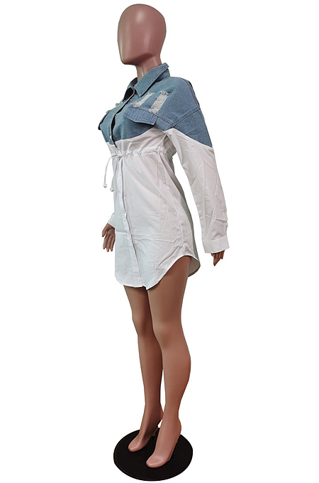 Black Fashion Jean Spliced Lapel Collar Long Sleeve Single-Breasted Shirt Dress WY6836-2