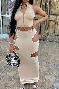 Khaki Fashion Prue Color Stand Collar Sleeveless Zipper Dew Waist Hollow Out Tight Skirt Sets NYF8076-3