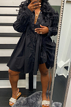 Black Long Sleeve Single-Breasted Irregularity Ruffel Loose Solid Color Swing Dress WY6828-2