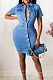 Light Blue Elastic Lapel Neck Short Sleeve Single-Breasted Slim Fitting Jean Midi Dress JLX6057-1