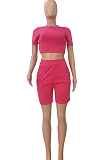 Grey Short Sleeve O Collar Crop T-Shirt Shorts Solid Color Casual Sets NYF8047-4